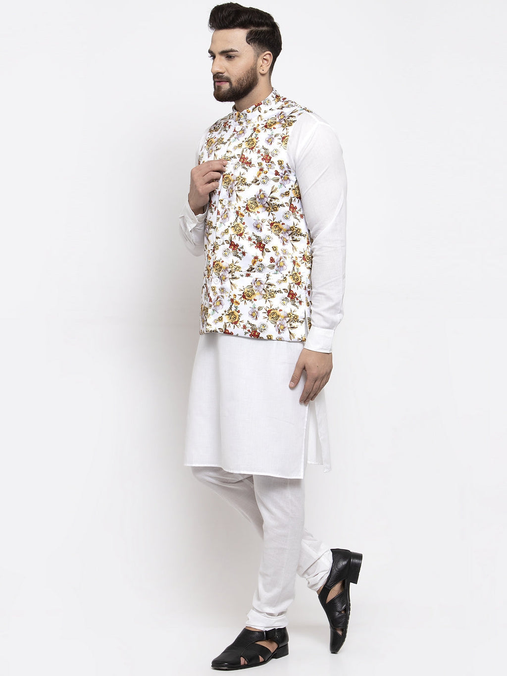 Jompers Men's Solid Cotton Kurta Pajama with Printed Waistcoat (White-W) - Distacart