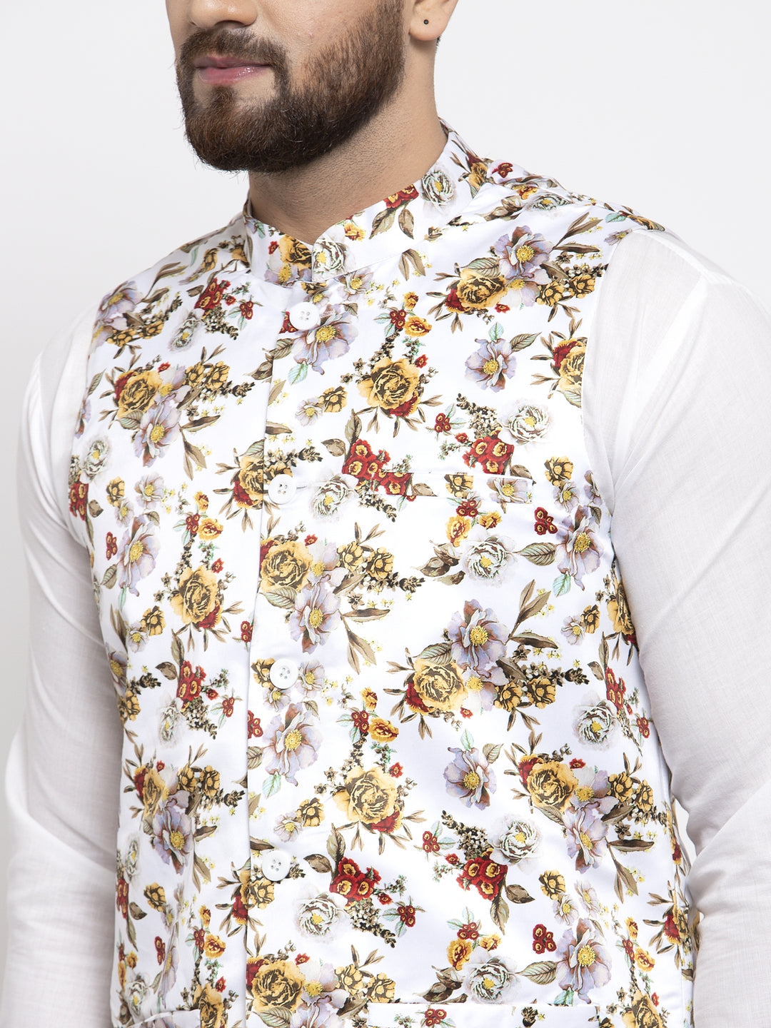 Jompers Men's Solid Cotton Kurta Pajama with Printed Waistcoat (White-W) - Distacart