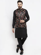 Jompers Men's Solid Cotton Kurta Pajama with Printed Waistcoat (Black-B) - Distacart