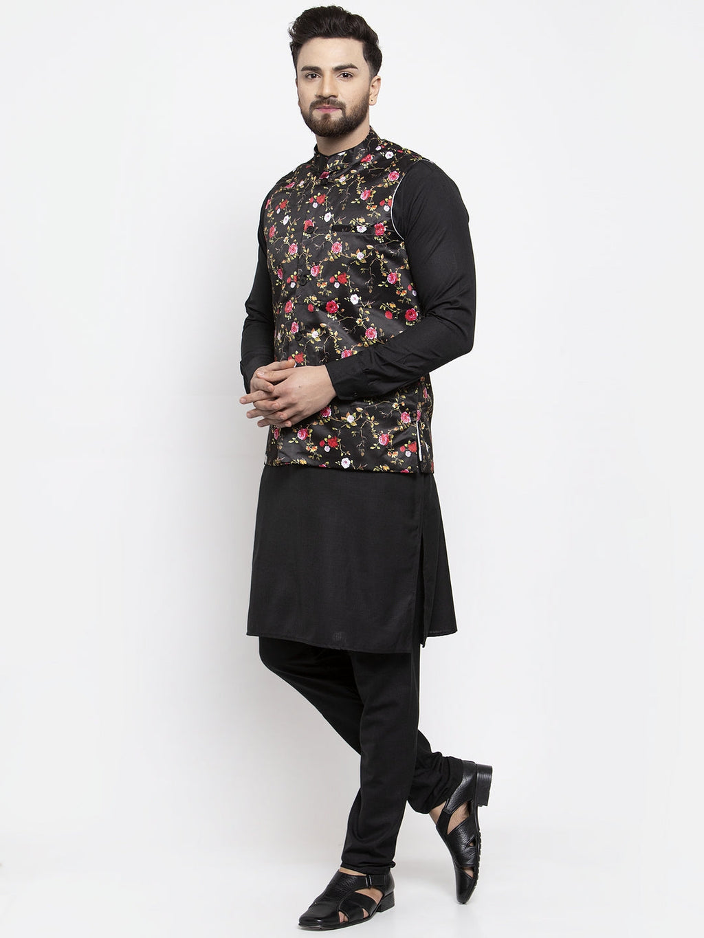 Jompers Men's Solid Cotton Kurta Pajama with Printed Waistcoat (Black-B) - Distacart
