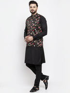 Jompers Men's Solid Cotton Kurta Pajama with Printed Waistcoat (Black-B) - Distacart