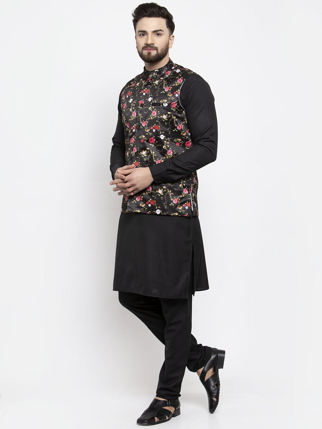 Jompers Men's Solid Cotton Kurta Pajama with Printed Waistcoat (Black-B) - Distacart