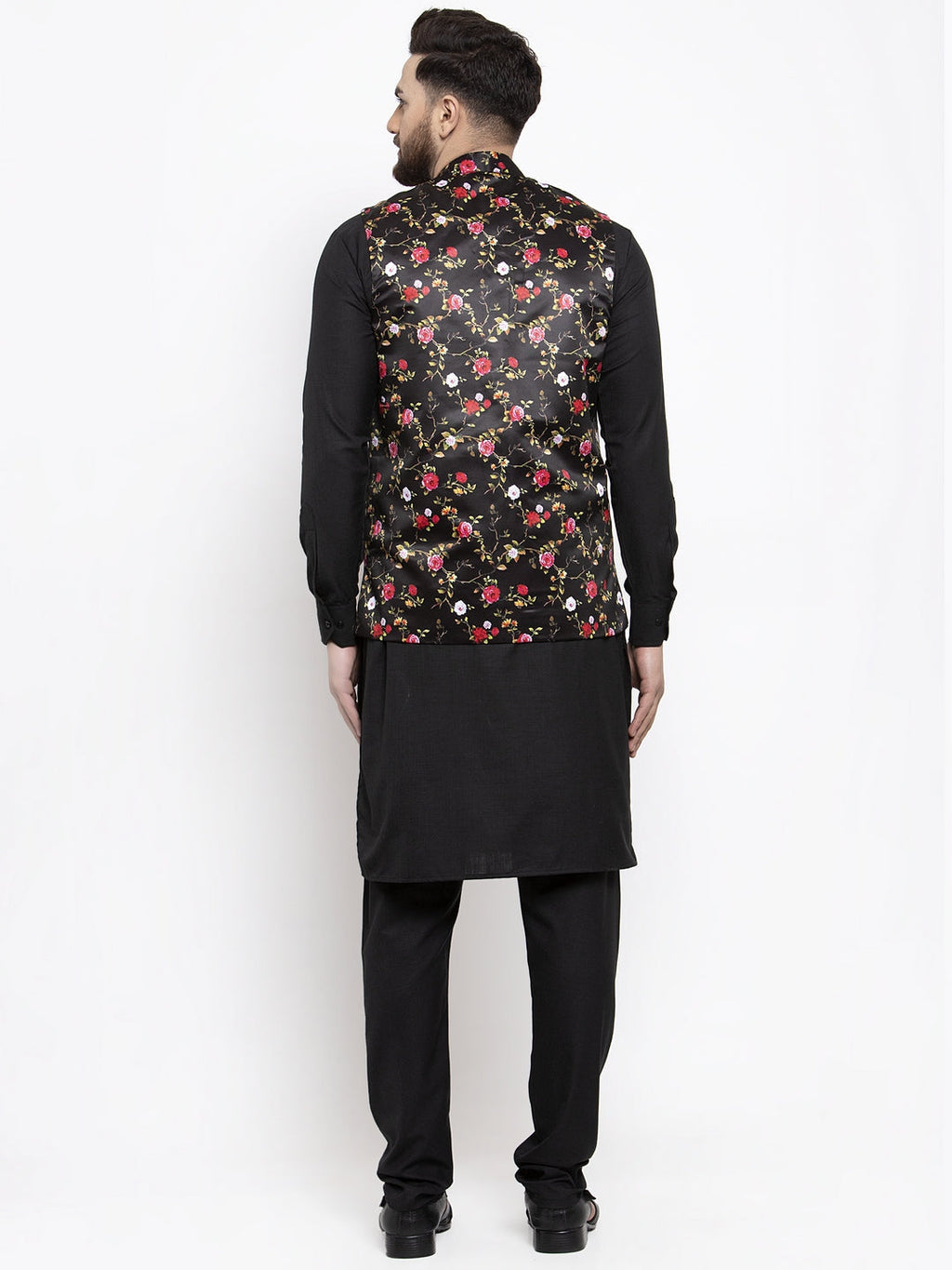 Jompers Men's Solid Cotton Kurta Pajama with Printed Waistcoat (Black-B) - Distacart