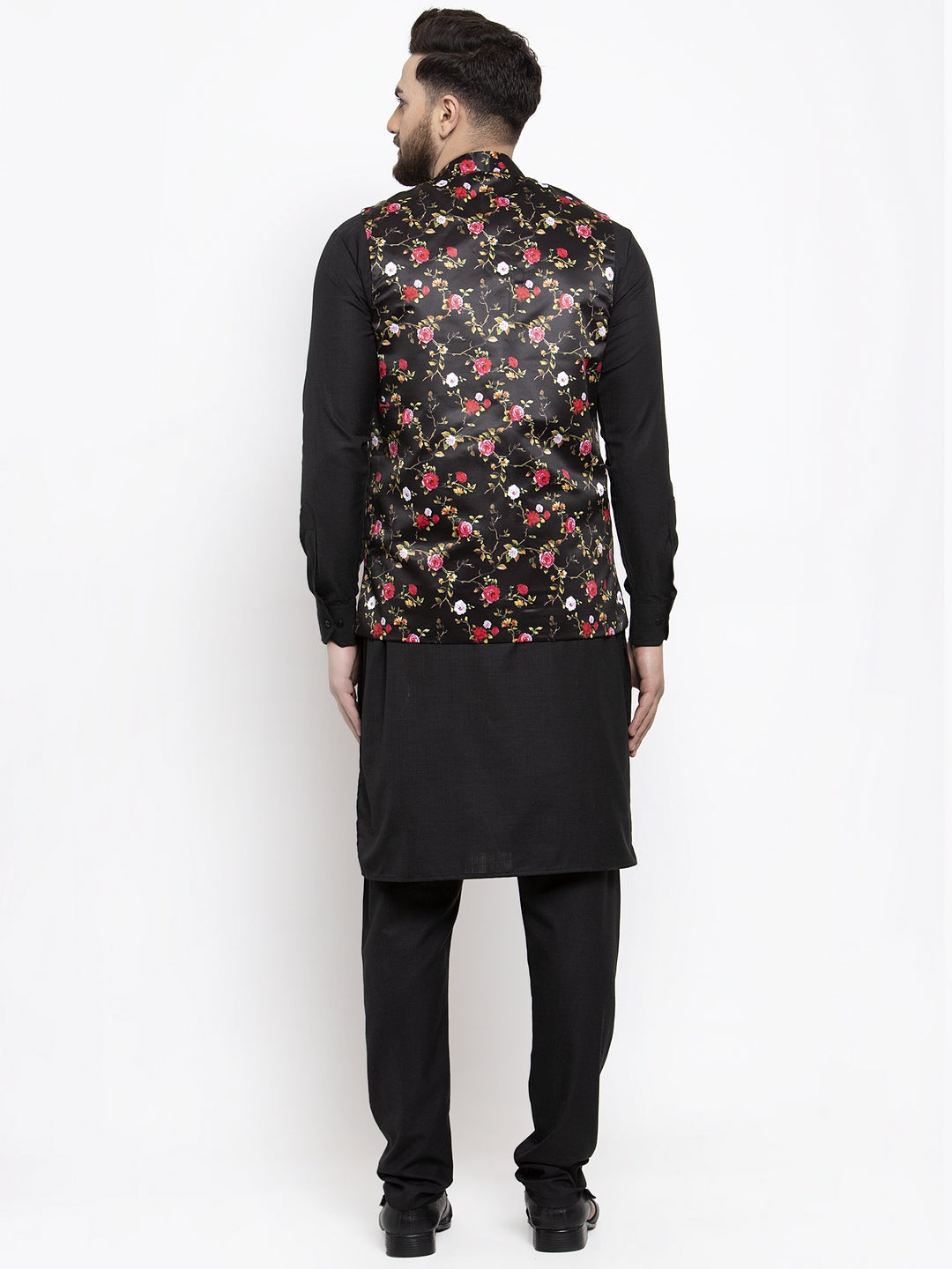 Jompers Men's Solid Cotton Kurta Pajama with Printed Waistcoat (Black-B) - Distacart