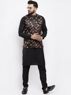Jompers Men's Solid Cotton Kurta Pajama with Printed Waistcoat (Black-B) - Distacart