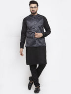 Jompers Men's Solid Cotton Kurta Pajama with Printed Waistcoat (Charcoal-B) - Distacart