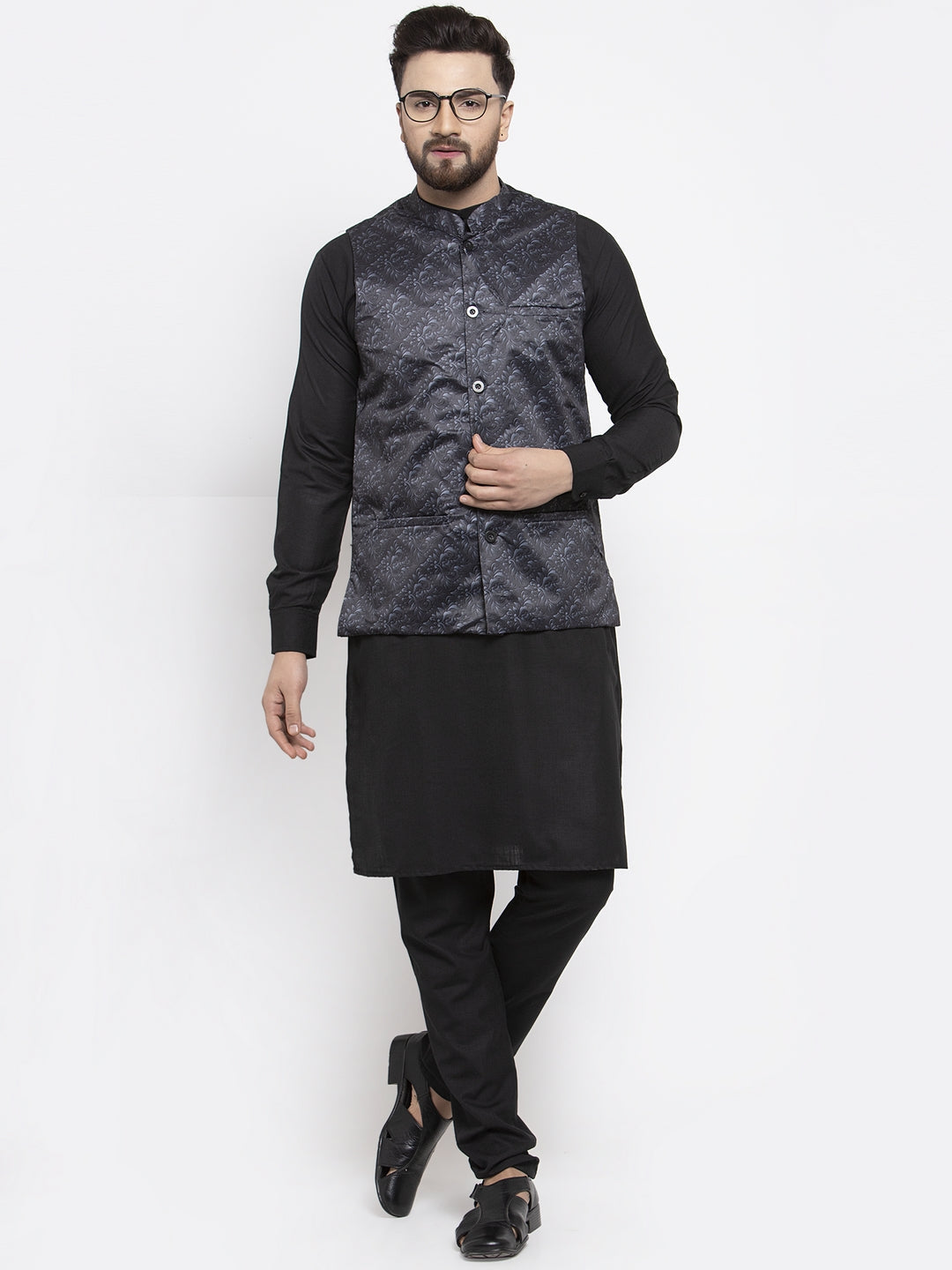 Jompers Men's Solid Cotton Kurta Pajama with Printed Waistcoat (Charcoal-B) - Distacart