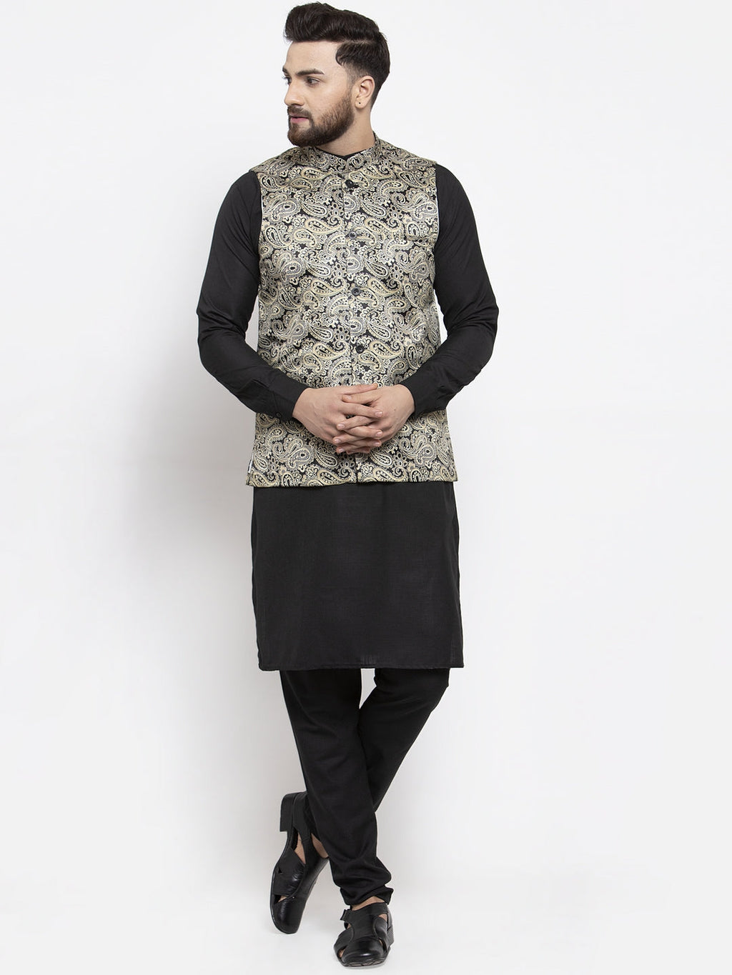 Jompers Men's Solid Cotton Kurta Pajama with Printed Waistcoat (Golden-B) - Distacart