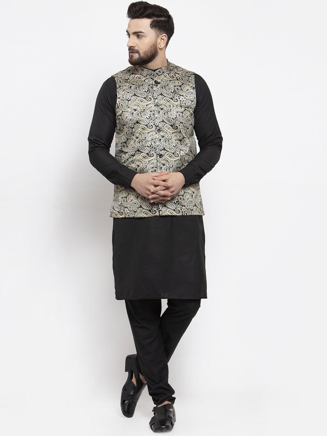 Jompers Men's Solid Cotton Kurta Pajama with Printed Waistcoat (Golden-B) - Distacart