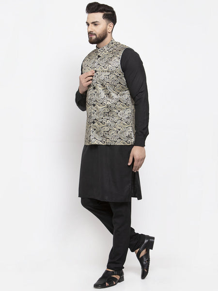 Jompers Men's Solid Cotton Kurta Pajama with Printed Waistcoat (Golden-B)
