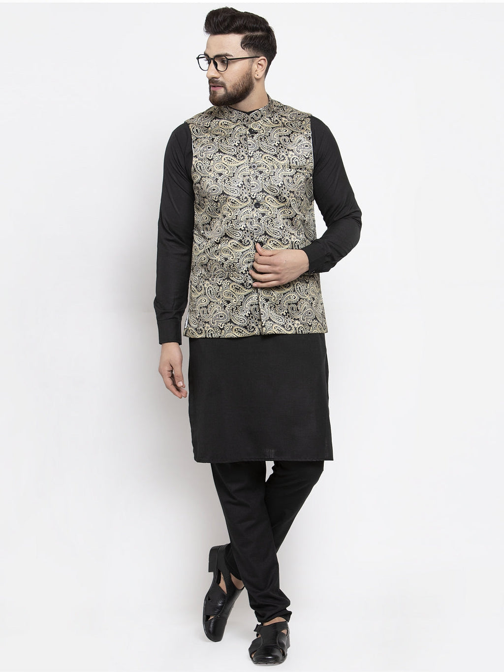 Jompers Men's Solid Cotton Kurta Pajama with Printed Waistcoat (Golden-B) - Distacart