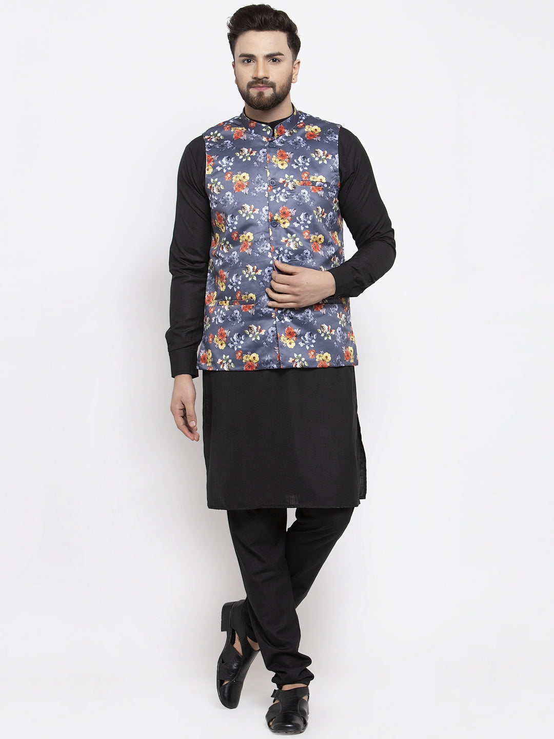 Jompers Men's Solid Cotton Kurta Pajama with Printed Waistcoat (Grey-B) - Distacart