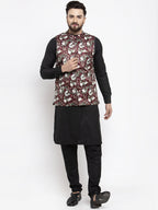 Jompers Men's Solid Cotton Kurta Pajama with Printed Waistcoat (Maroon-B) - Distacart