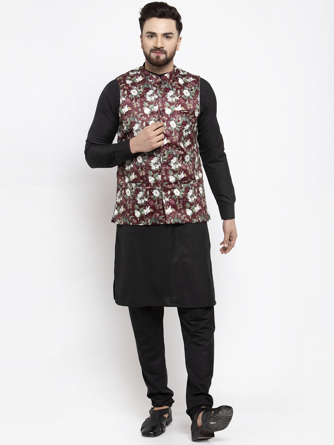 Jompers Men's Solid Cotton Kurta Pajama with Printed Waistcoat (Maroon-B) - Distacart