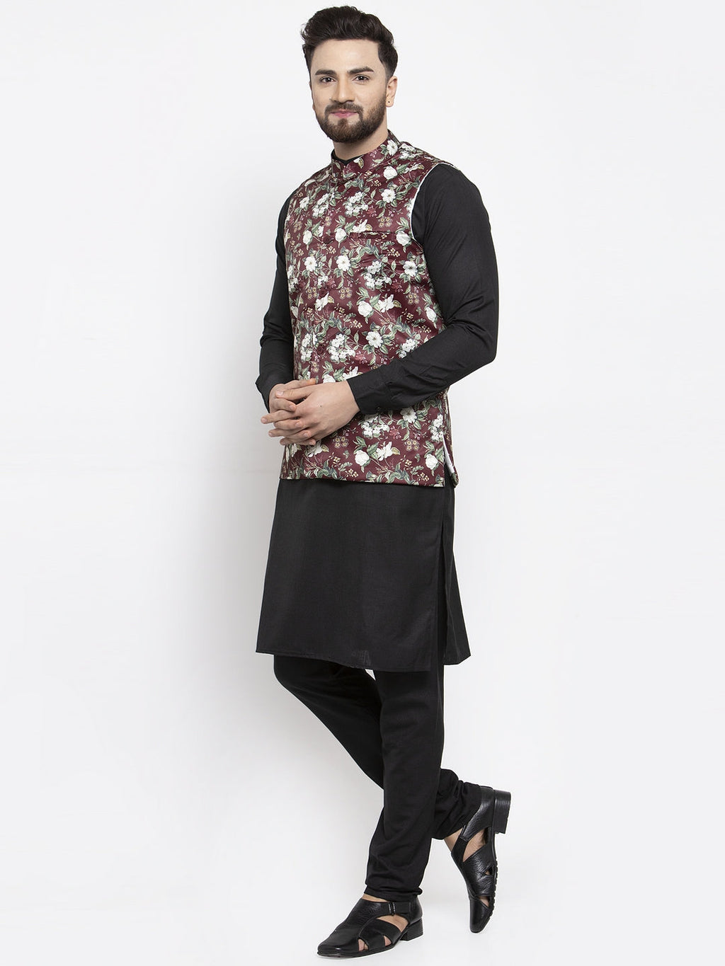 Jompers Men's Solid Cotton Kurta Pajama with Printed Waistcoat (Maroon-B) - Distacart