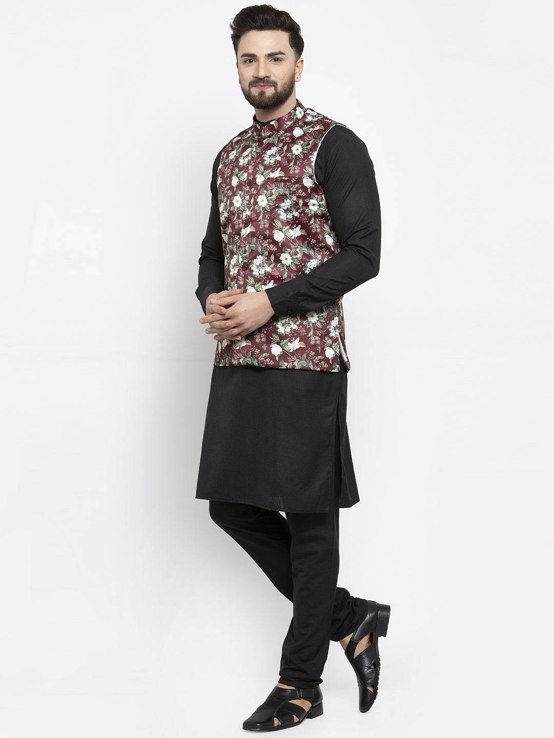 Jompers Men's Solid Cotton Kurta Pajama with Printed Waistcoat (Maroon-B) - Distacart
