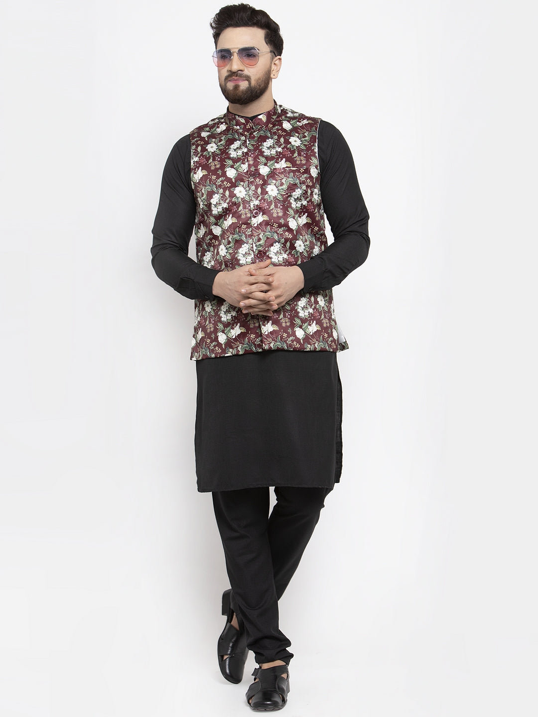 Jompers Men's Solid Cotton Kurta Pajama with Printed Waistcoat (Maroon-B) - Distacart