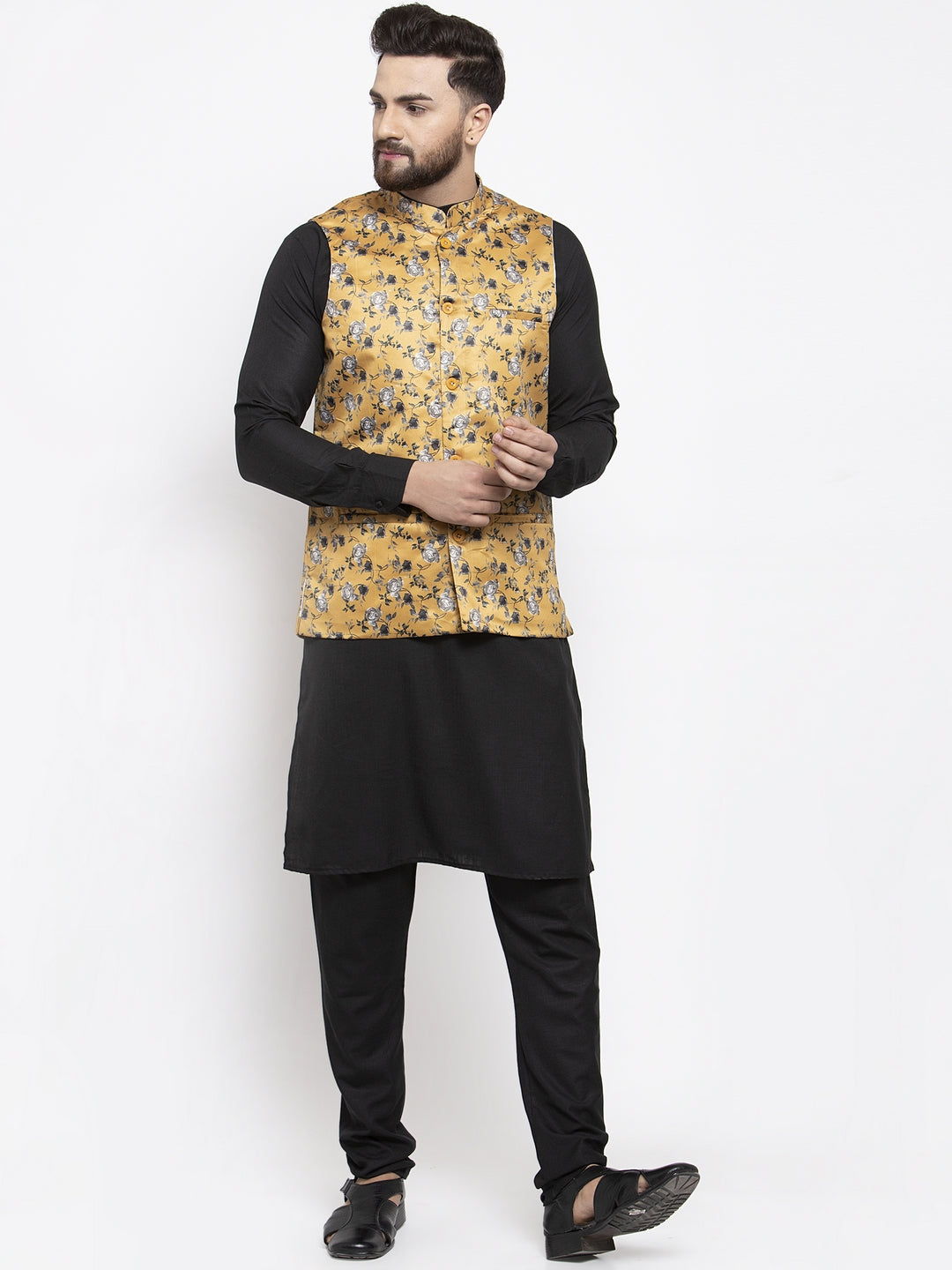 Jompers Men's Solid Cotton Kurta Pajama with Printed Waistcoat (Mustard-B)