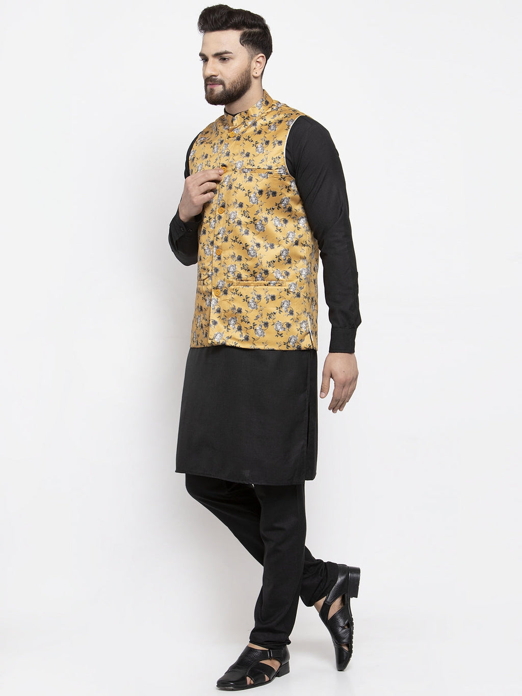 Jompers Men's Solid Cotton Kurta Pajama with Printed Waistcoat (Mustard-B)