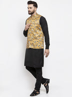 Jompers Men's Solid Cotton Kurta Pajama with Printed Waistcoat (Mustard-B)
