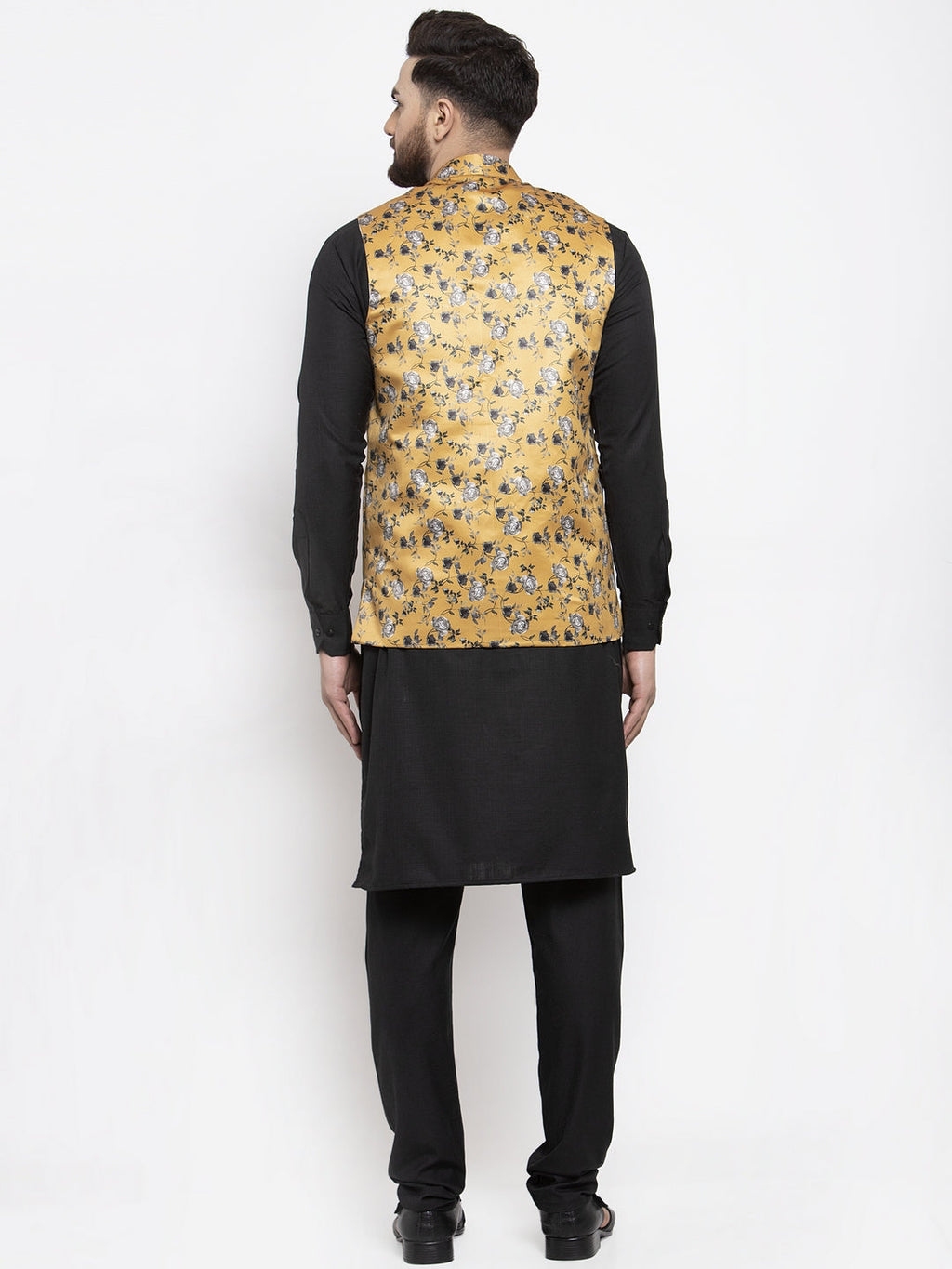 Jompers Men's Solid Cotton Kurta Pajama with Printed Waistcoat (Mustard-B)