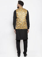 Jompers Men's Solid Cotton Kurta Pajama with Printed Waistcoat (Mustard-B)