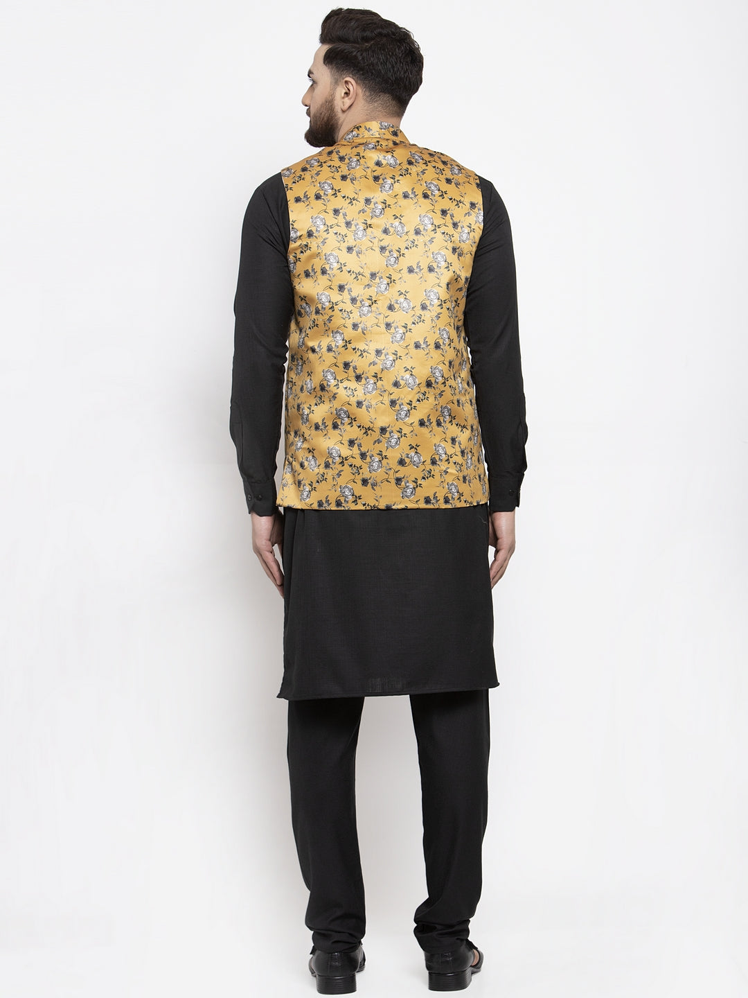 Jompers Men's Solid Cotton Kurta Pajama with Printed Waistcoat (Mustard-B)