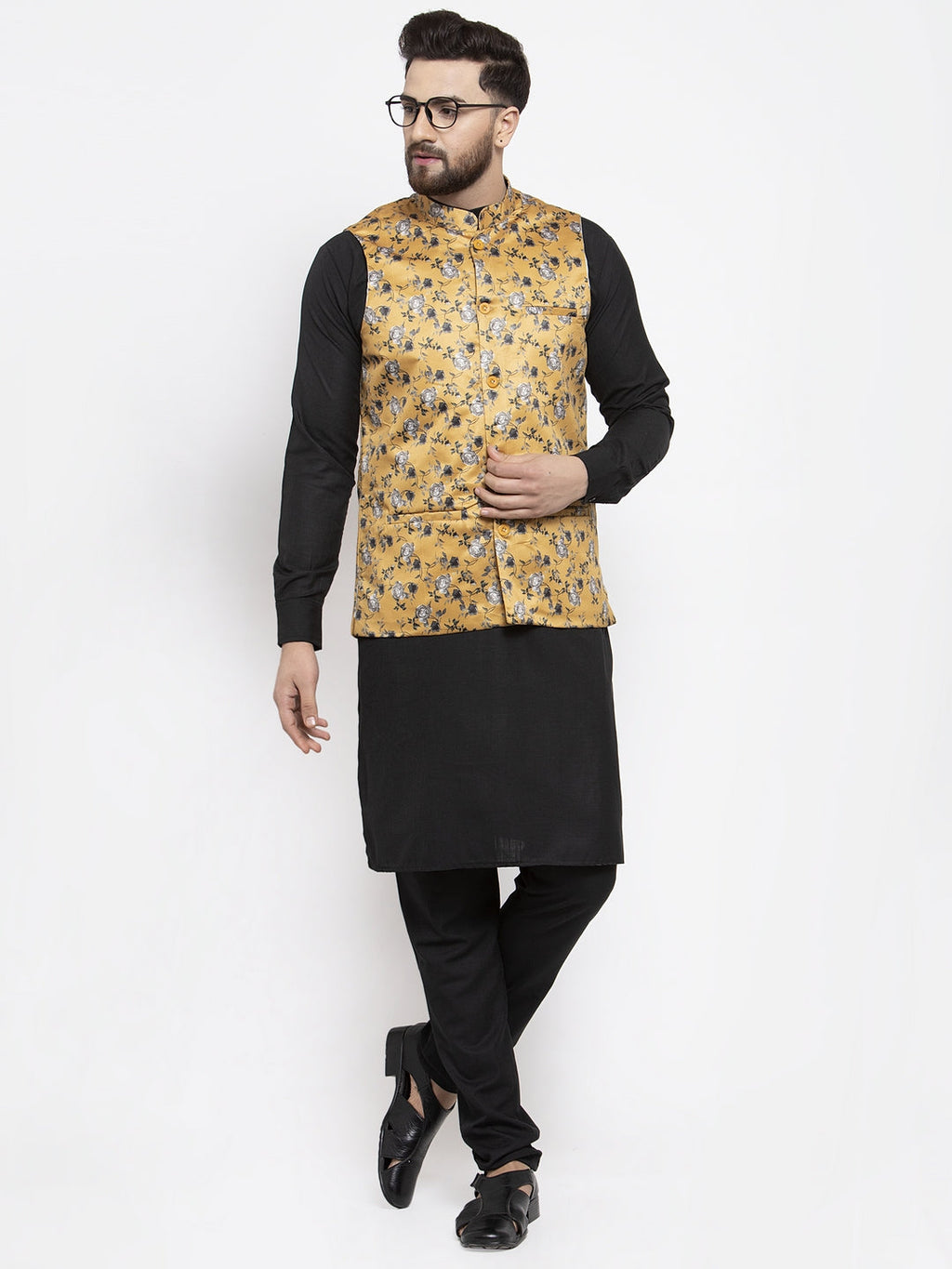 Jompers Men's Solid Cotton Kurta Pajama with Printed Waistcoat (Mustard-B)