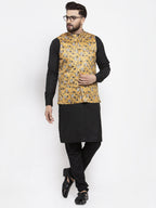 Jompers Men's Solid Cotton Kurta Pajama with Printed Waistcoat (Mustard-B)