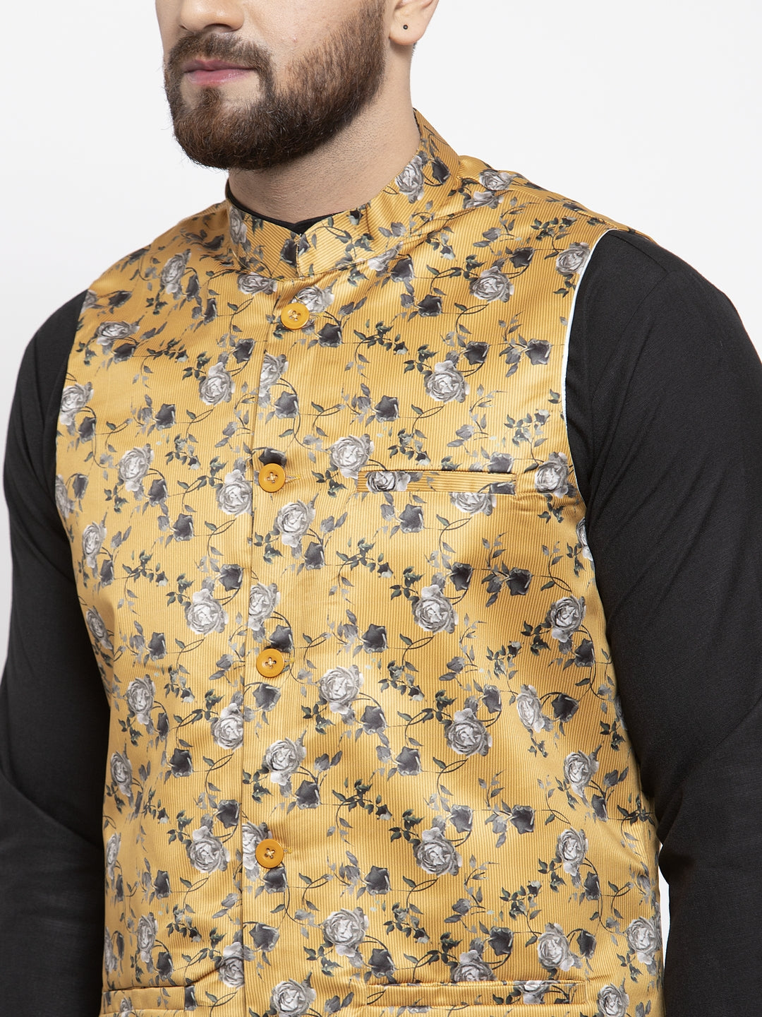 Jompers Men's Solid Cotton Kurta Pajama with Printed Waistcoat (Mustard-B)