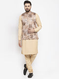 Jompers Men's Solid Cotton Kurta Pajama with Printed Waistcoat ( Beige-C) - Distacart