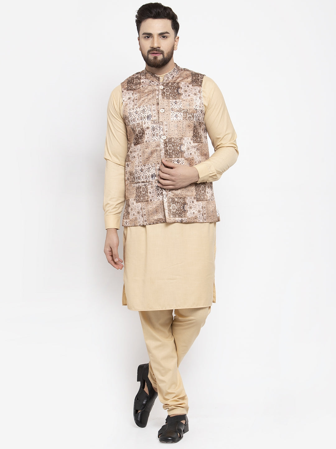 Jompers Men's Solid Cotton Kurta Pajama with Printed Waistcoat ( Beige-C) - Distacart