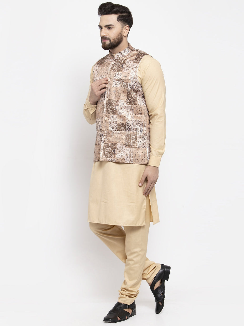 Jompers Men's Solid Cotton Kurta Pajama with Printed Waistcoat ( Beige-C) - Distacart