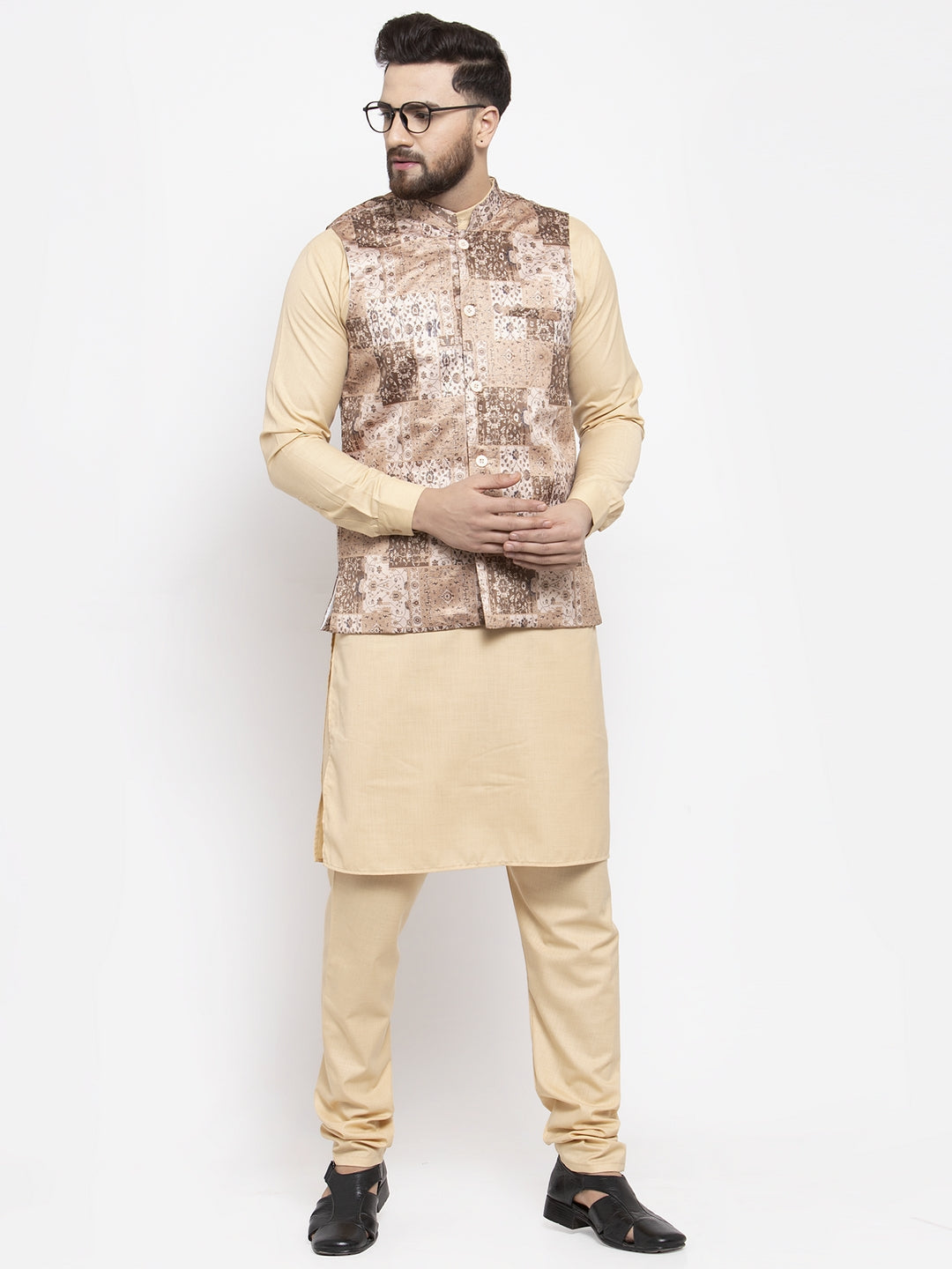 Jompers Men's Solid Cotton Kurta Pajama with Printed Waistcoat ( Beige-C) - Distacart