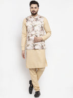 Jompers Men's Solid Cotton Kurta Pajama with Printed Waistcoat (Cream-C)