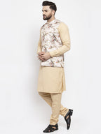 Jompers Men's Solid Cotton Kurta Pajama with Printed Waistcoat (Cream-C)