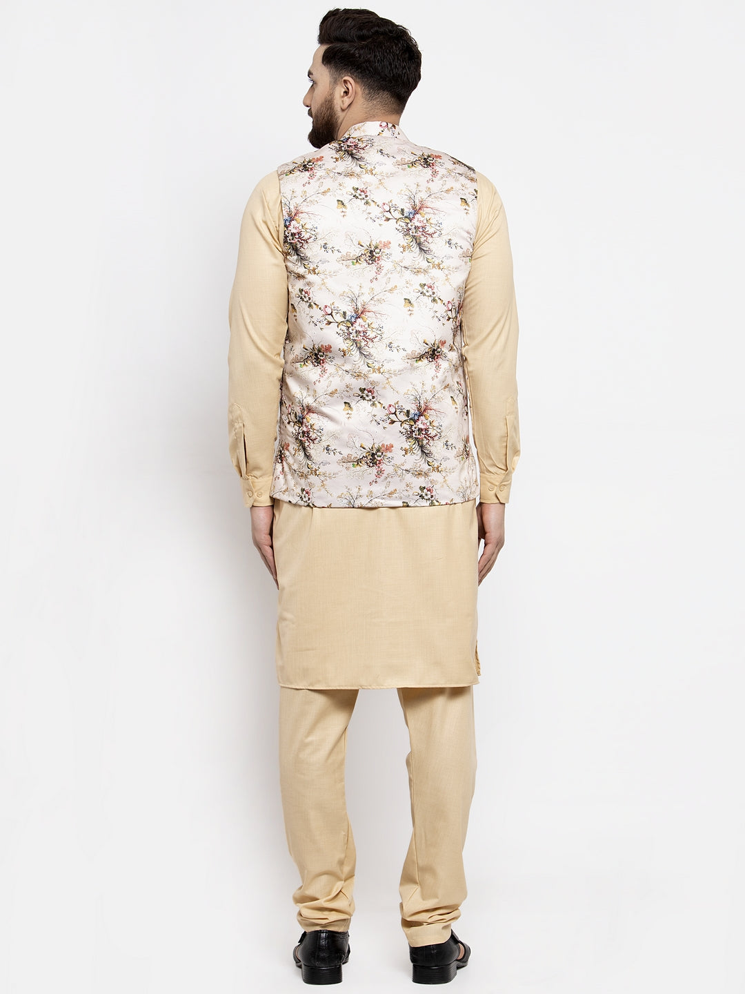 Jompers Men's Solid Cotton Kurta Pajama with Printed Waistcoat (Cream-C)