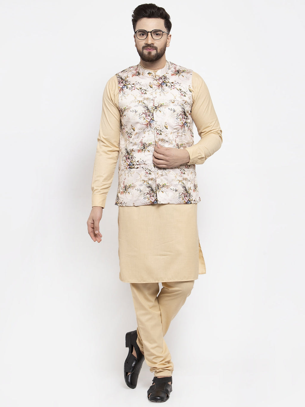 Jompers Men's Solid Cotton Kurta Pajama with Printed Waistcoat (Cream-C)