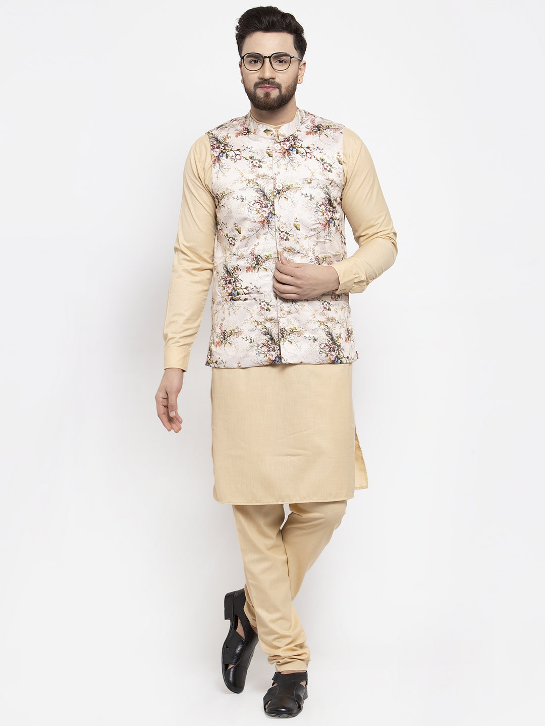Jompers Men's Solid Cotton Kurta Pajama with Printed Waistcoat (Cream-C)
