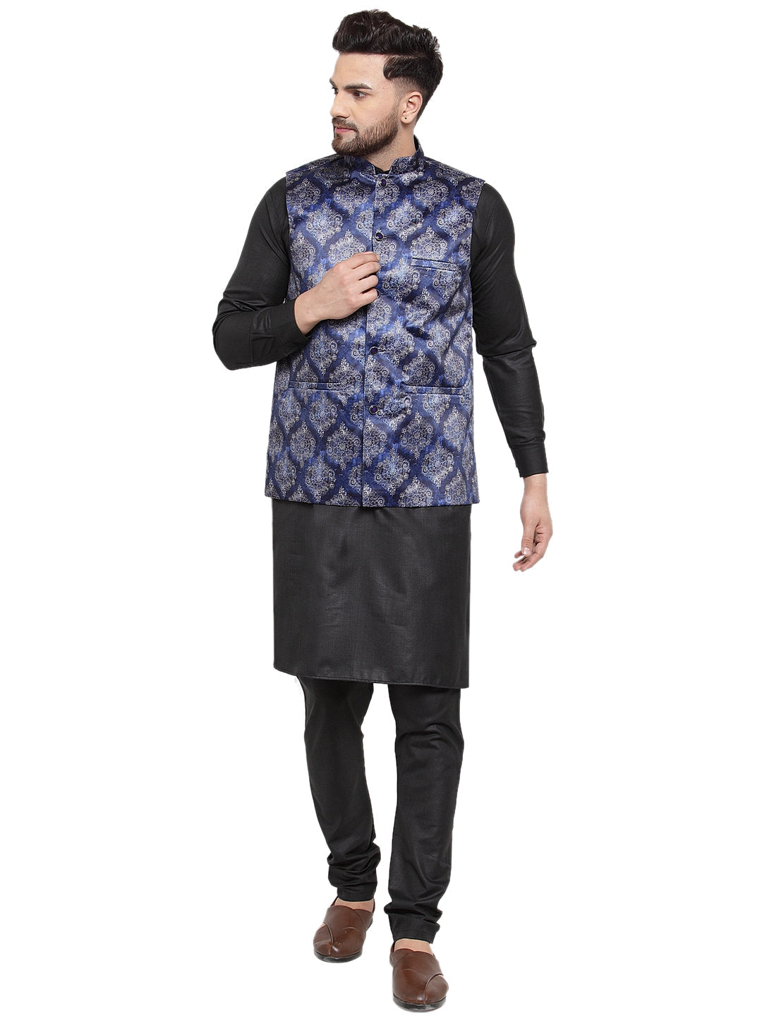 Jompers Men's Solid Cotton Kurta Pajama with Printed Waistcoat (Blue-B)