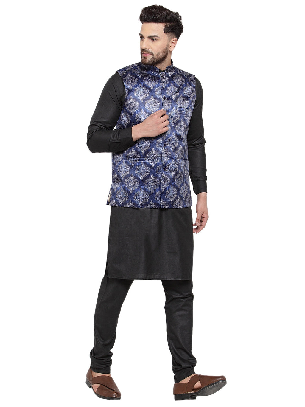 Jompers Men's Solid Cotton Kurta Pajama with Printed Waistcoat (Blue-B)