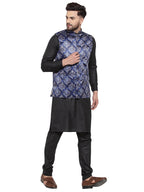 Jompers Men's Solid Cotton Kurta Pajama with Printed Waistcoat (Blue-B)