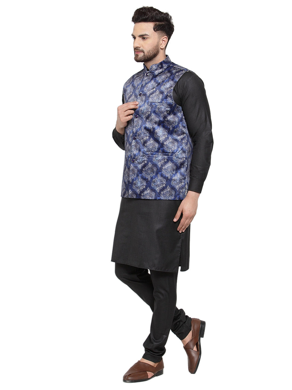 Jompers Men's Solid Cotton Kurta Pajama with Printed Waistcoat (Blue-B)