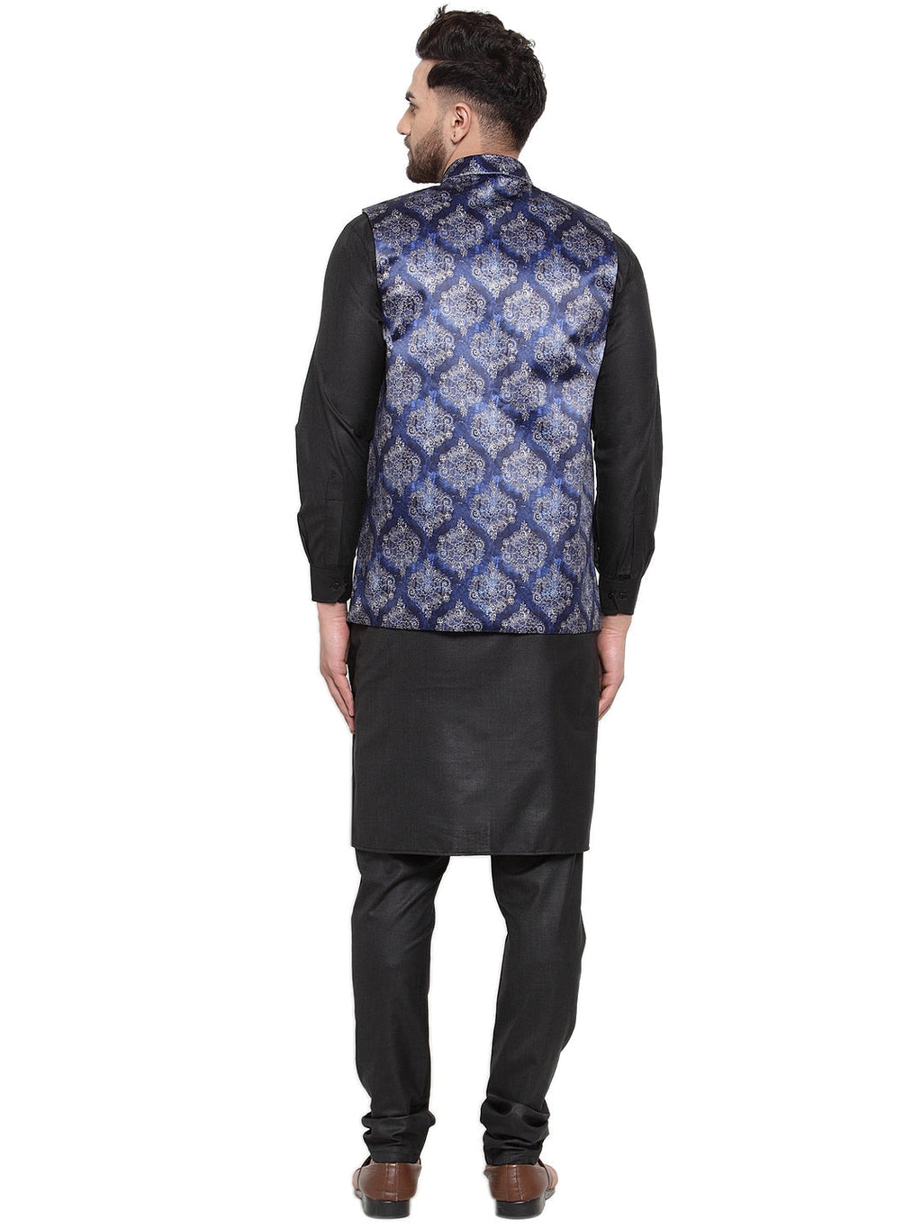 Jompers Men's Solid Cotton Kurta Pajama with Printed Waistcoat (Blue-B)