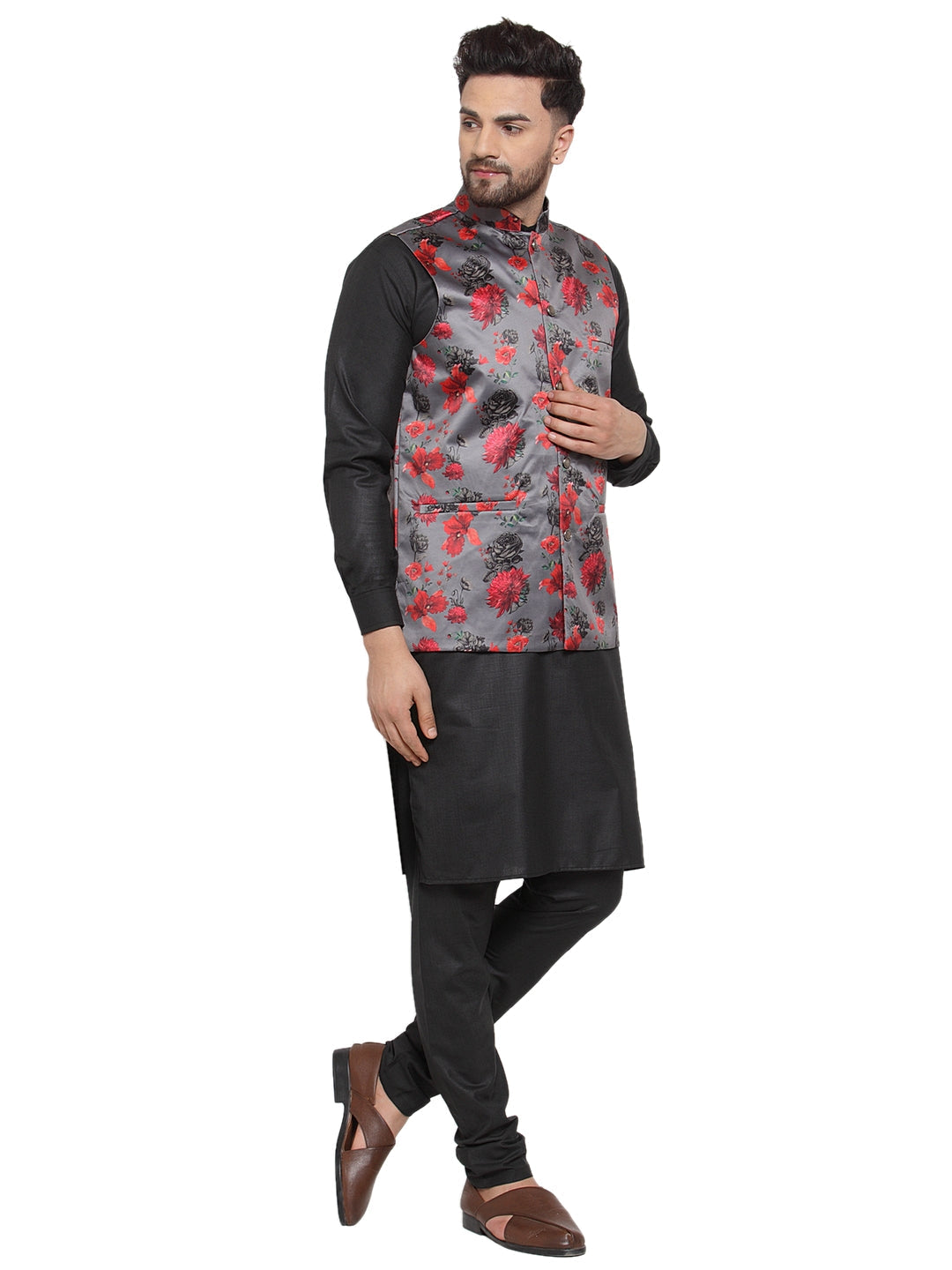 Jompers Men's Solid Cotton Kurta Pajama with Printed Waistcoat (Grey-B )
