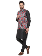 Jompers Men's Solid Cotton Kurta Pajama with Printed Waistcoat (Grey-B )
