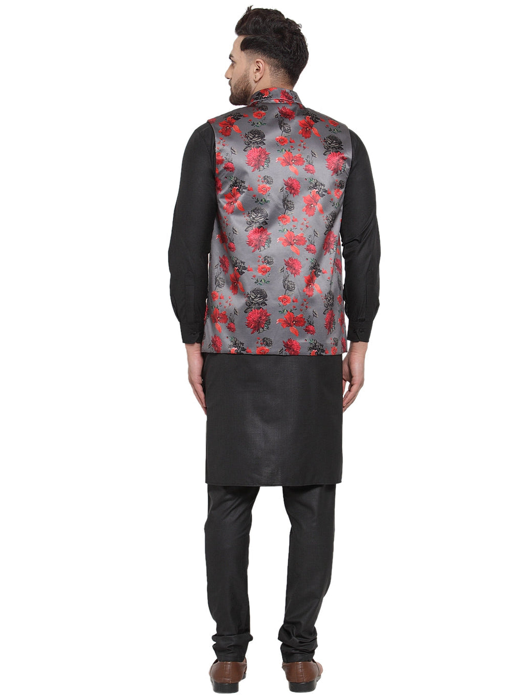 Jompers Men's Solid Cotton Kurta Pajama with Printed Waistcoat (Grey-B )