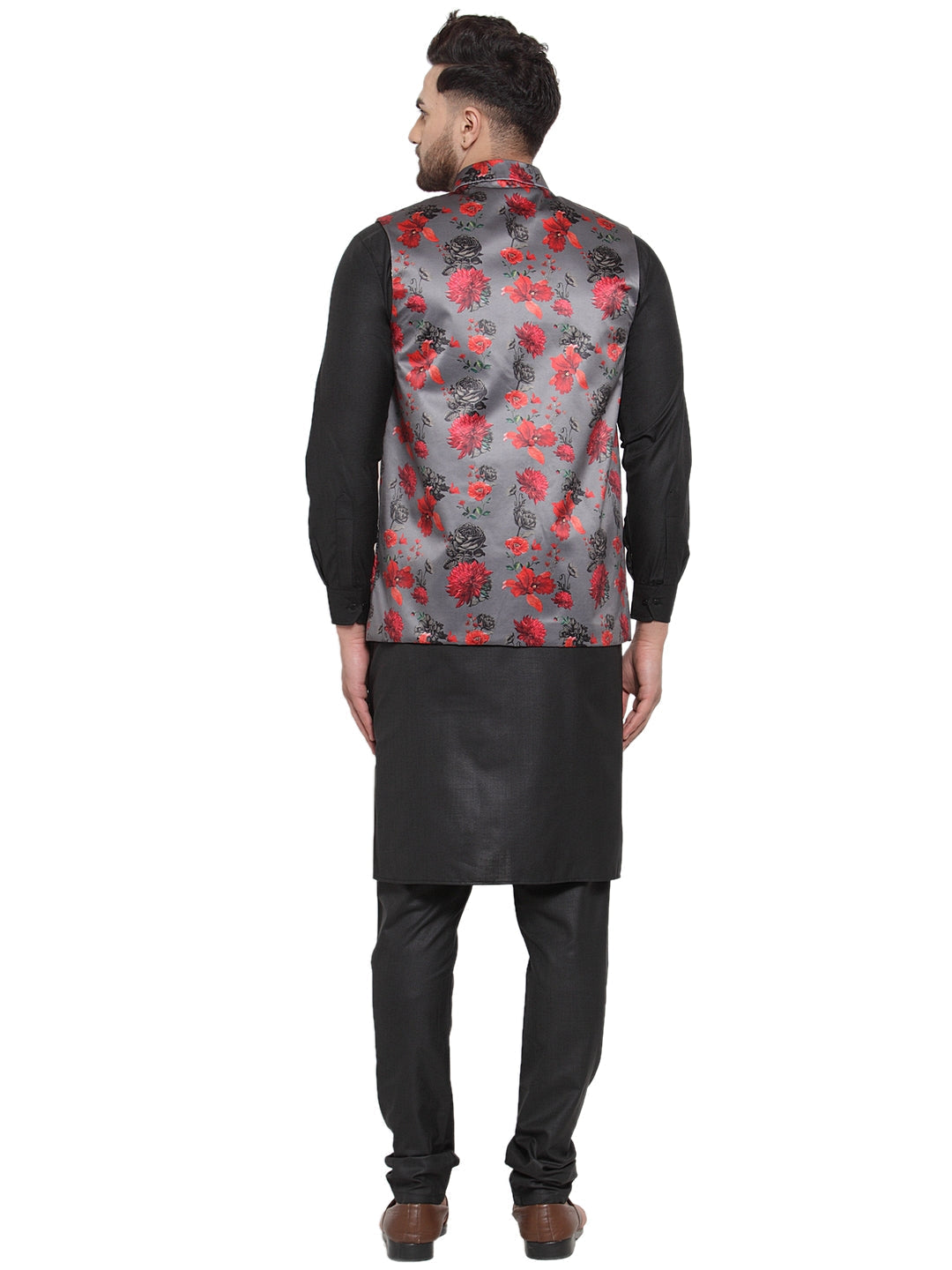 Jompers Men's Solid Cotton Kurta Pajama with Printed Waistcoat (Grey-B )