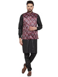 Jompers Men Solid Cotton Kurta Pajama with Printed Waistcoat (Maroon-B)