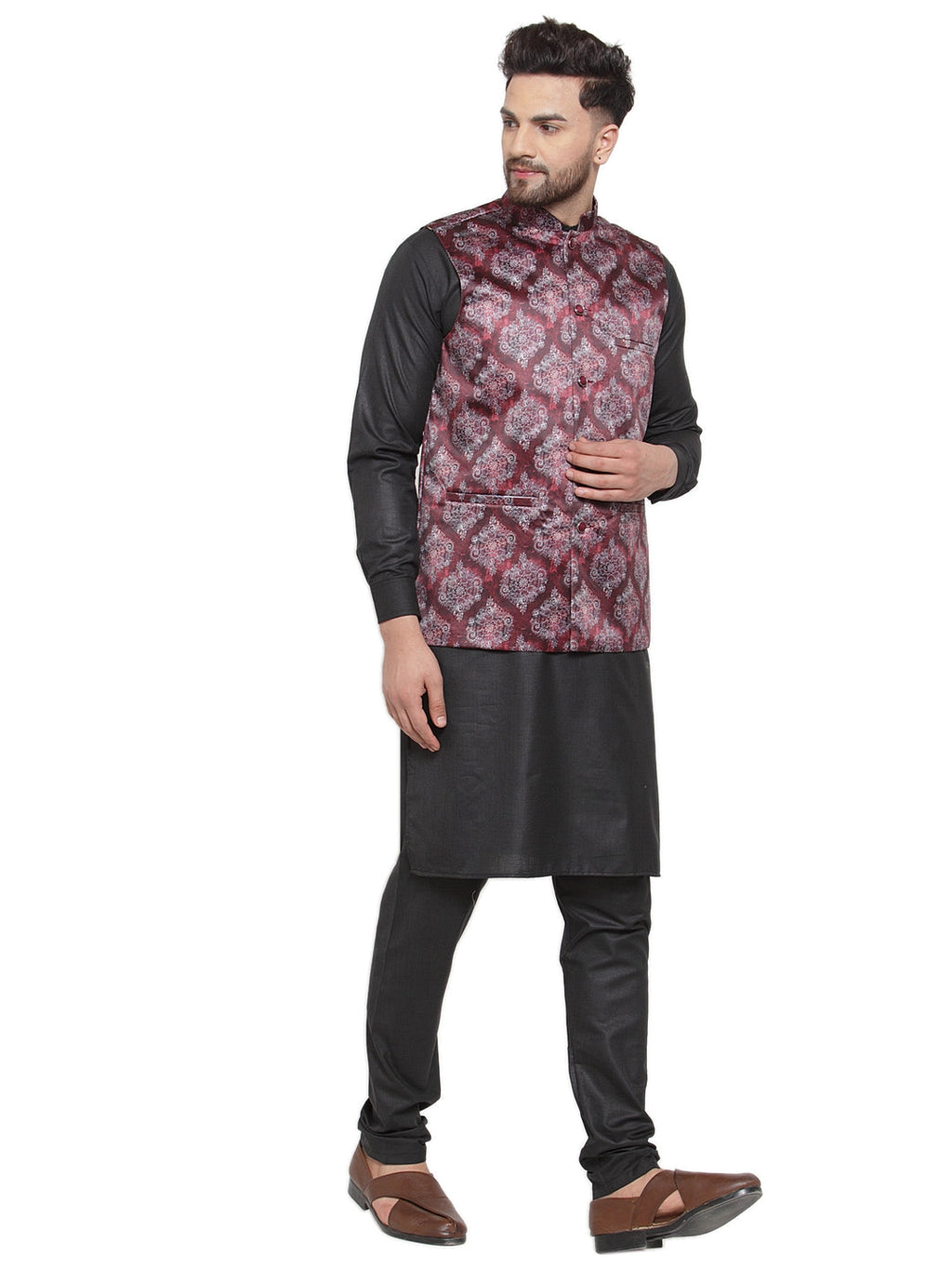 Jompers Men Solid Cotton Kurta Pajama with Printed Waistcoat (Maroon-B)